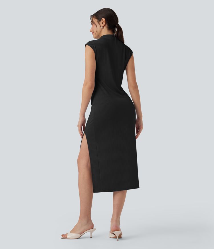 Ribbed Knit Mock Neck Cap Sleeve Bodycon Midi Casual Dress