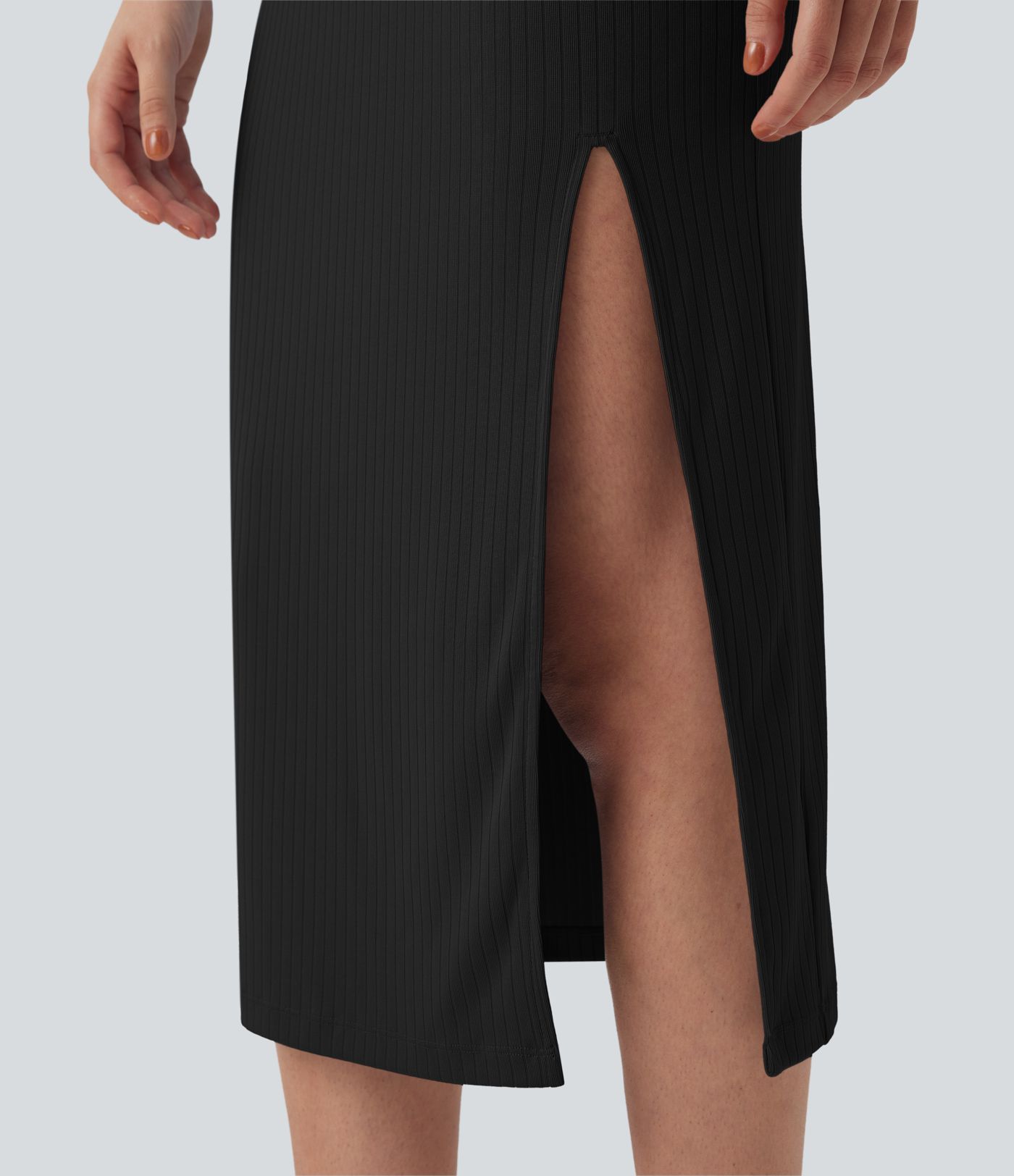 Ribbed Knit Mock Neck Cap Sleeve Bodycon Midi Casual Dress