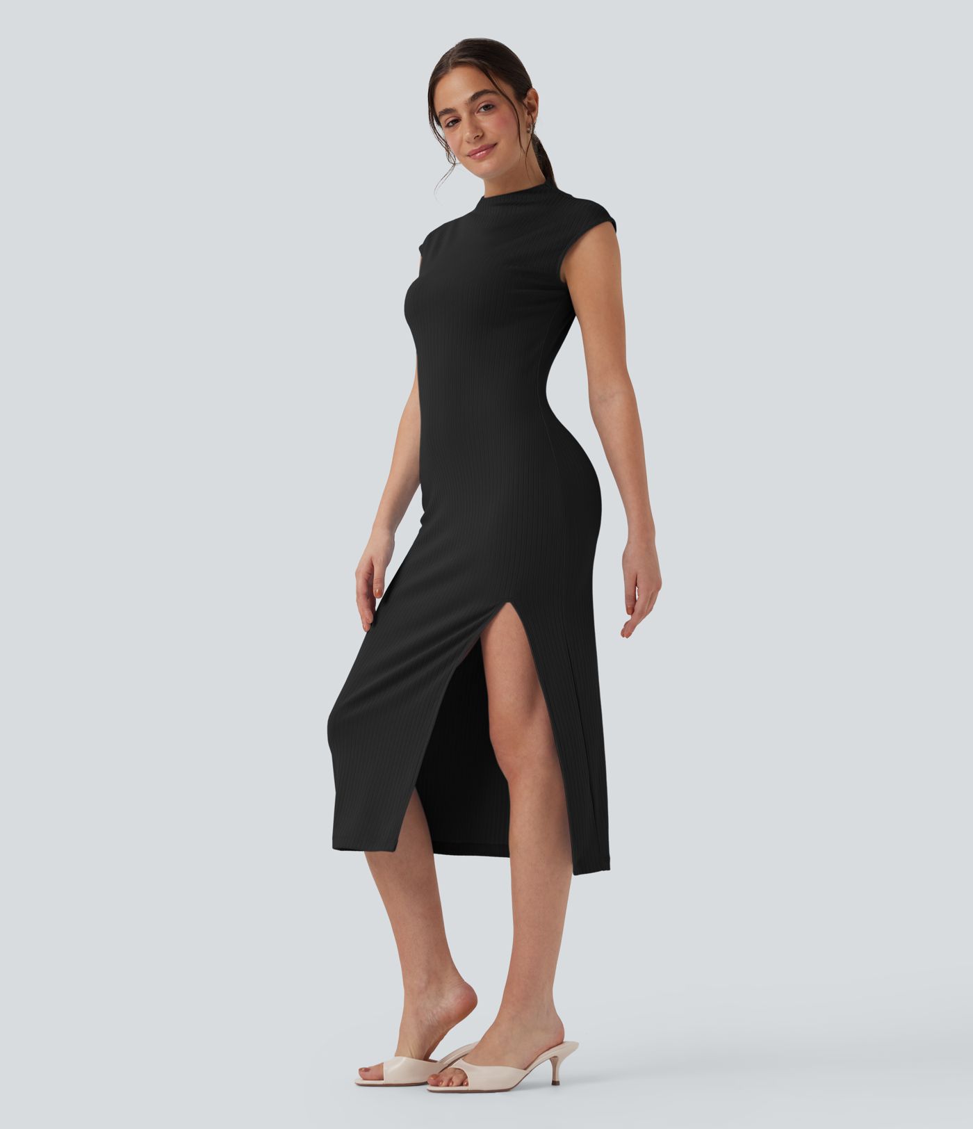 Ribbed Knit Mock Neck Cap Sleeve Bodycon Midi Casual Dress