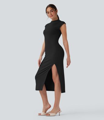 Ribbed Knit Mock Neck Cap Sleeve Bodycon Midi Casual Dress