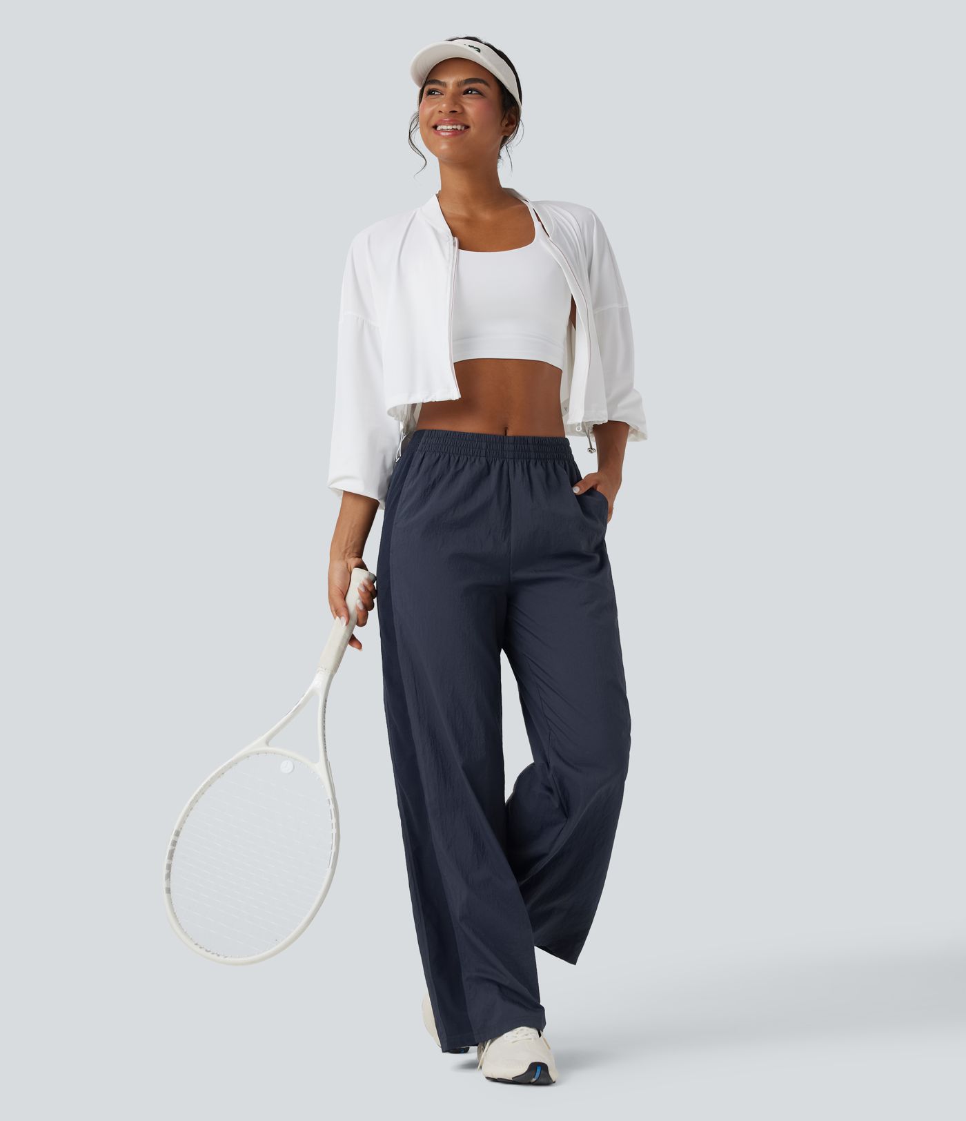 Durable Water Repellent Mid Rise Straight Leg Contrast Mesh Tennis Pants with Pockets