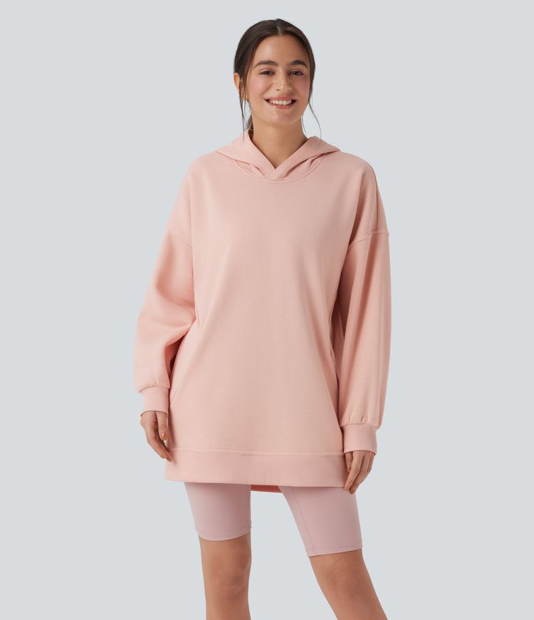 Hooded Long Sleeve Oversize Fleece Casual Sweatshirt with Pockets