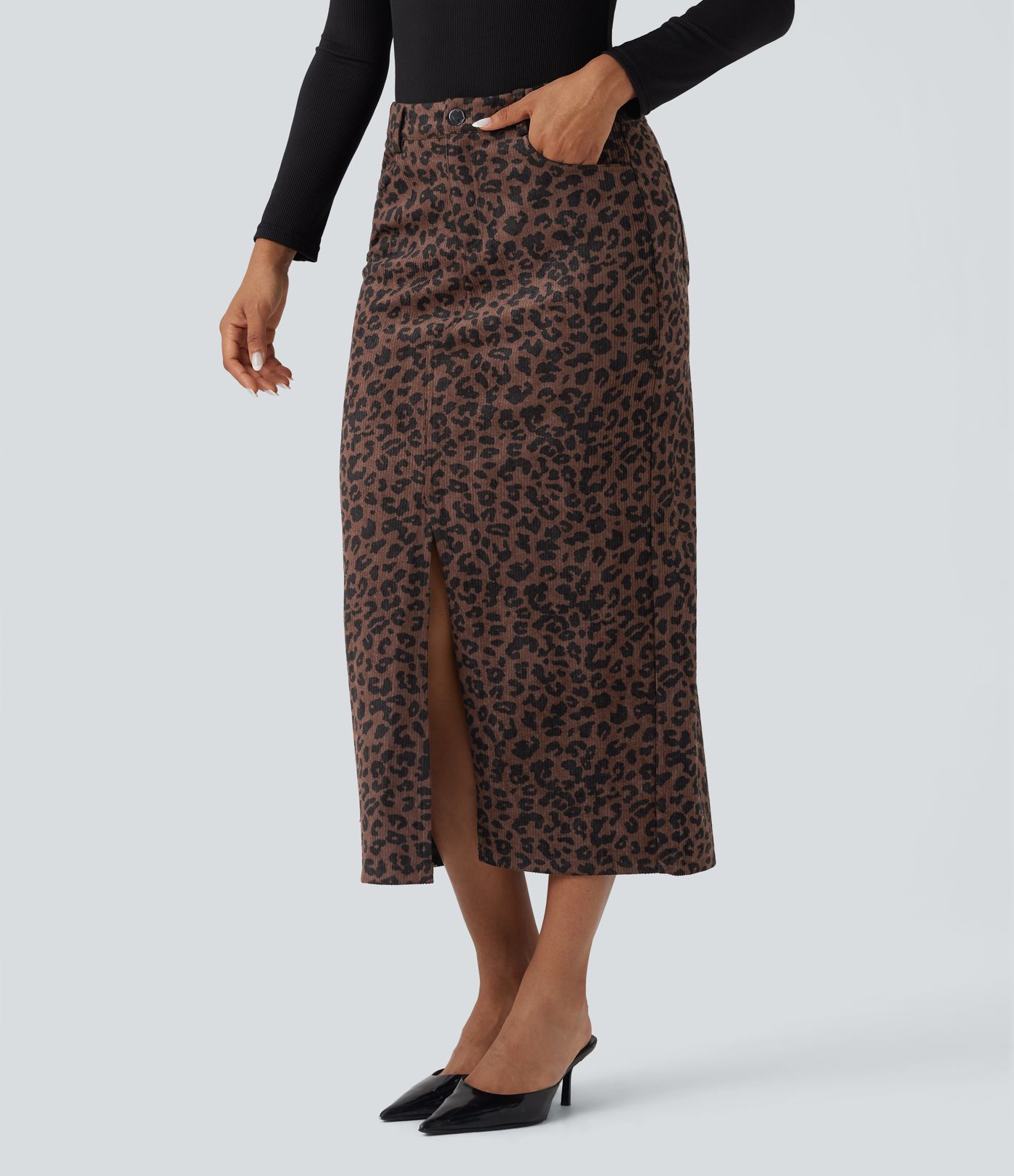 Mid Rise Leopard Print Midi Casual Skirt with Pockets