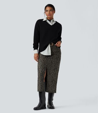 Mid Rise Leopard Print Midi Casual Skirt with Pockets