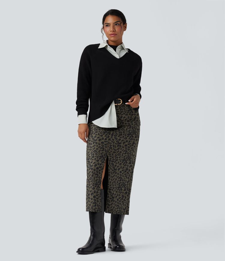 Mid Rise Leopard Print Midi Casual Skirt with Pockets