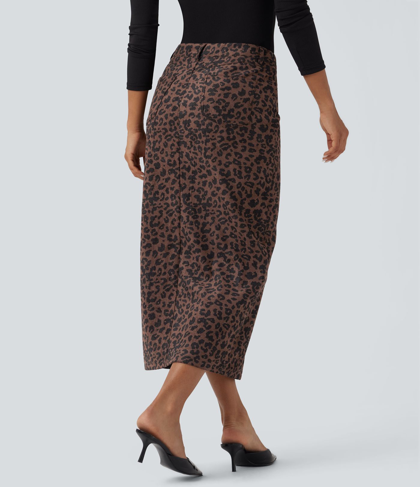 Mid Rise Leopard Print Midi Casual Skirt with Pockets