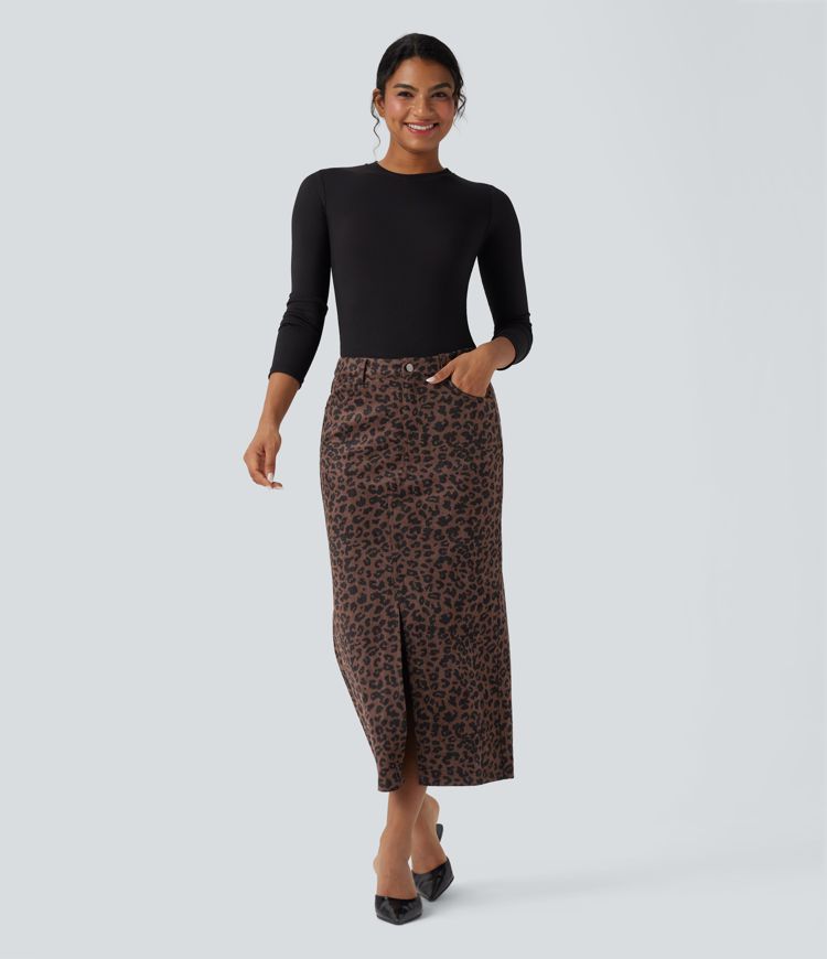 Mid Rise Leopard Print Midi Casual Skirt with Pockets