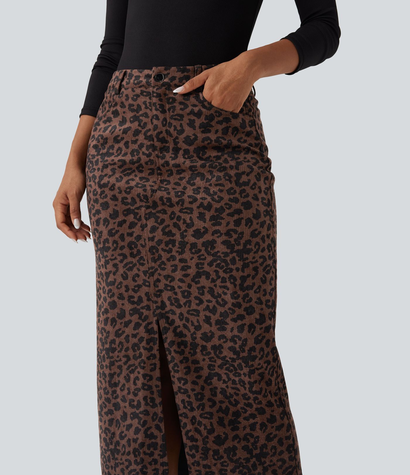 Mid Rise Leopard Print Midi Casual Skirt with Pockets