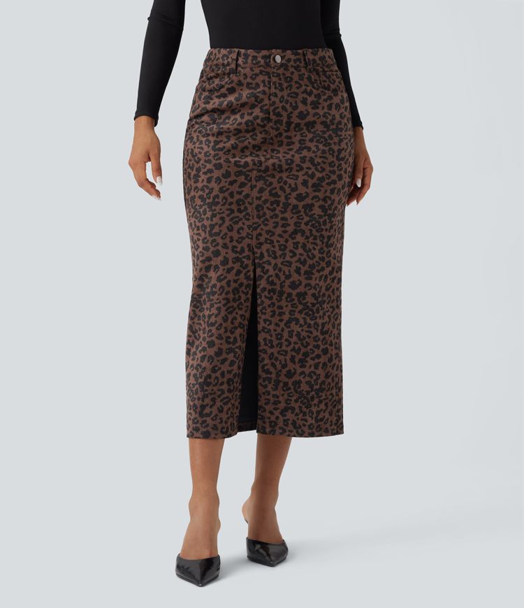 Mid Rise Leopard Print Midi Casual Skirt with Pockets