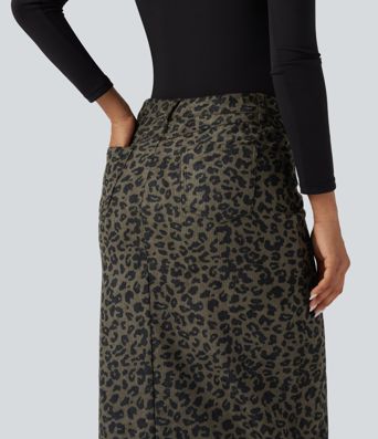 Mid Rise Leopard Print Midi Casual Skirt with Pockets