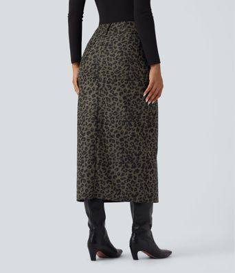 Mid Rise Leopard Print Midi Casual Skirt with Pockets