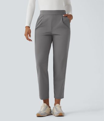 Slim-fit, high-waisted travel trousers with quick-drying features and pockets