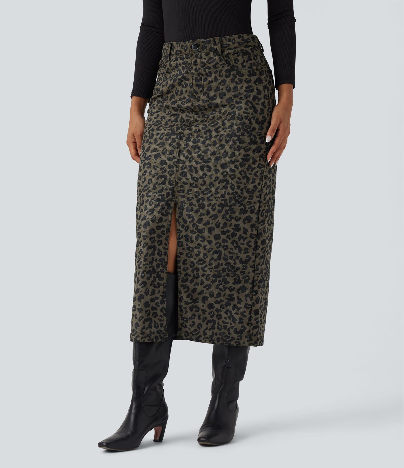 Mid Rise Leopard Print Midi Casual Skirt with Pockets