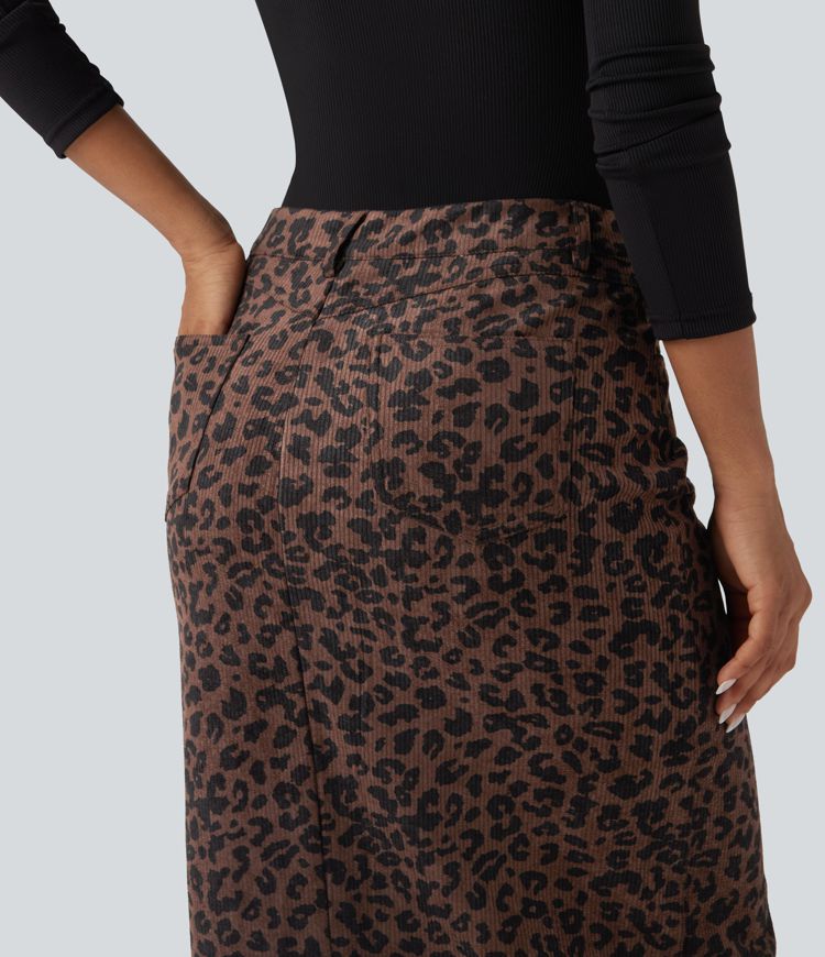 Mid Rise Leopard Print Midi Casual Skirt with Pockets