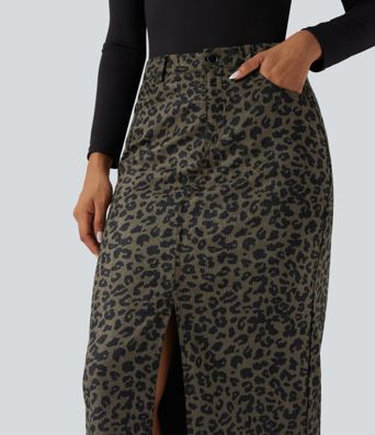 Mid Rise Leopard Print Midi Casual Skirt with Pockets