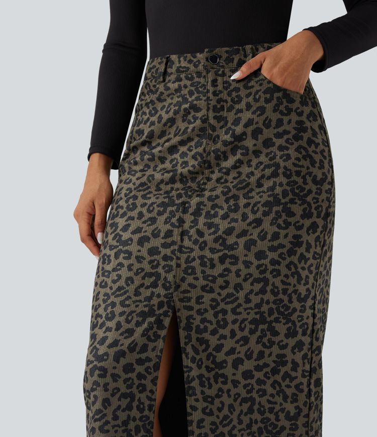 Mid Rise Leopard Print Midi Casual Skirt with Pockets