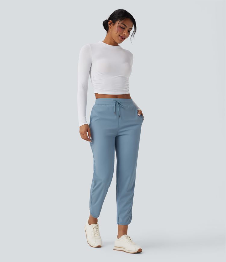 Mid Rise Drawstring Curved Hem Quick Dry Golf Tapered Pants with Pockets-UPF40+