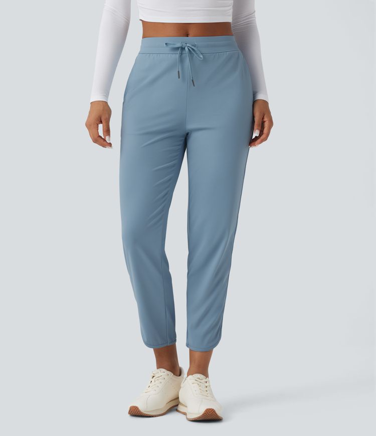 Mid Rise Drawstring Curved Hem Quick Dry Golf Tapered Pants with Pockets-UPF40+