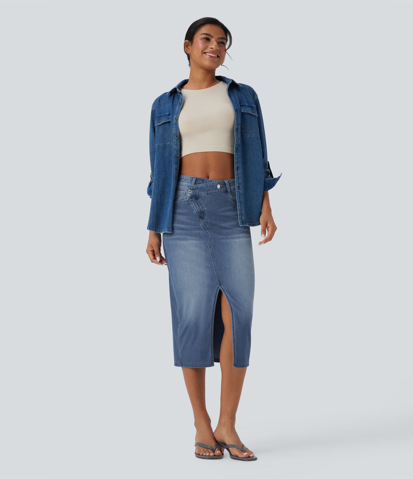 Falda vaquera casual Halara Flex™ ajustada y asimétrica de tiro medio con abertura y bolsillos