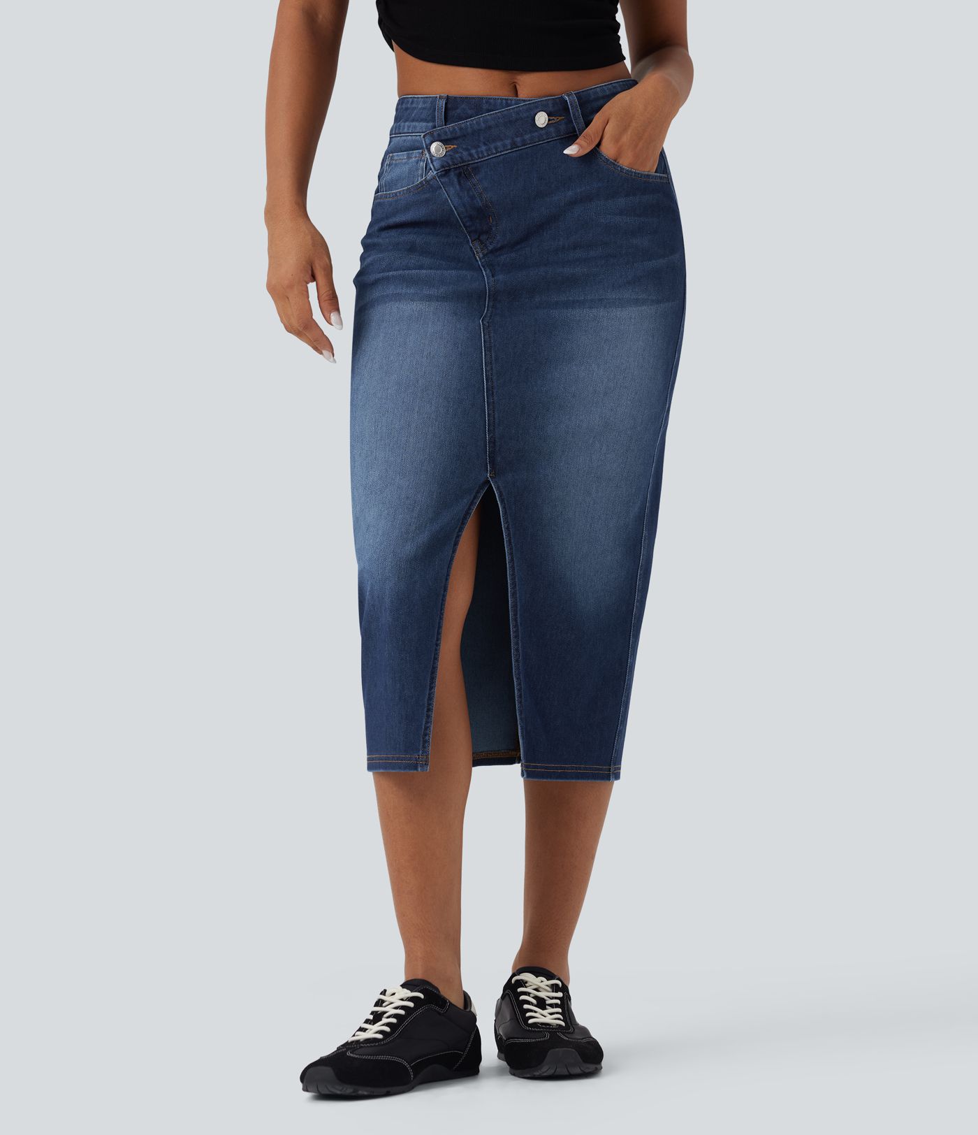 Halara Flex™ Asymmetric Mid Rise Split Bodycon Denim Casual Skirt with Pockets
