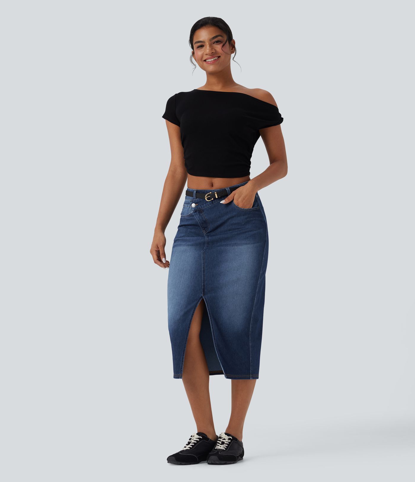 Halara Flex™ Asymmetric Mid Rise Split Bodycon Denim Casual Skirt with Pockets