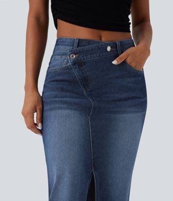 Halara Flex™ Asymmetric Mid Rise Split Bodycon Denim Casual Skirt with Pockets