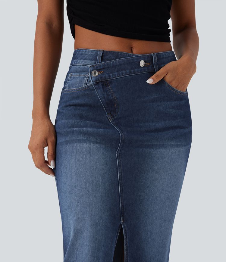 Halara Flex™ Asymmetric Mid Rise Split Bodycon Denim Casual Skirt with Pockets