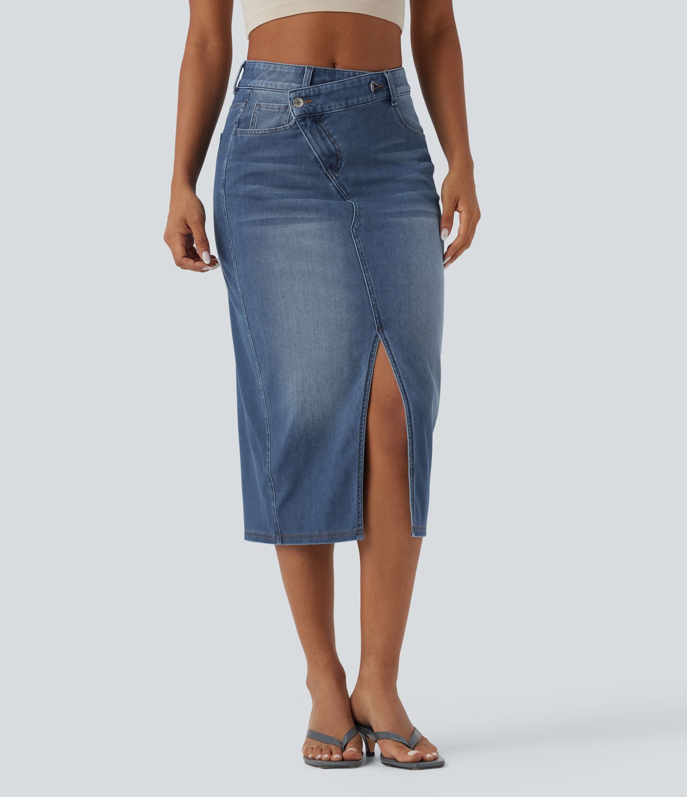 Halara Flex™ Asymmetric Mid Rise Split Bodycon Denim Casual Skirt with Pockets
