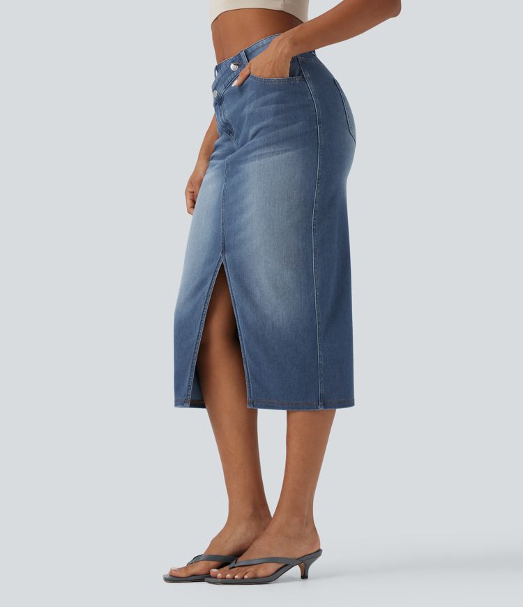Falda vaquera casual Halara Flex™ ajustada y asimétrica de tiro medio con abertura y bolsillos