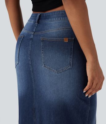 Halara Flex™ Asymmetric Mid Rise Split Bodycon Denim Casual Skirt with Pockets