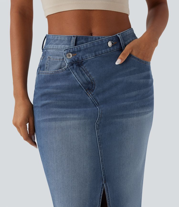 Falda vaquera casual Halara Flex™ ajustada y asimétrica de tiro medio con abertura y bolsillos