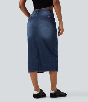 Halara Flex™ Asymmetric Mid Rise Split Bodycon Denim Casual Skirt with Pockets