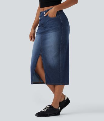 Halara Flex™ Asymmetric Mid Rise Split Bodycon Denim Casual Skirt with Pockets