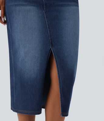 Halara Flex™ Asymmetric Mid Rise Split Bodycon Denim Casual Skirt with Pockets