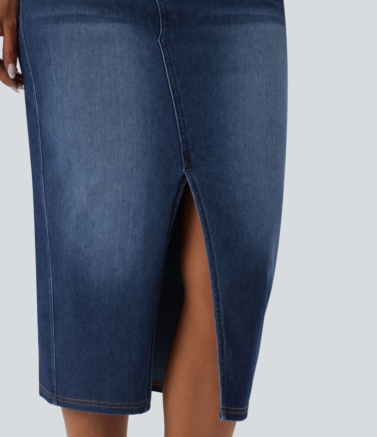Halara Flex™ Asymmetric Mid Rise Split Bodycon Denim Casual Skirt with Pockets