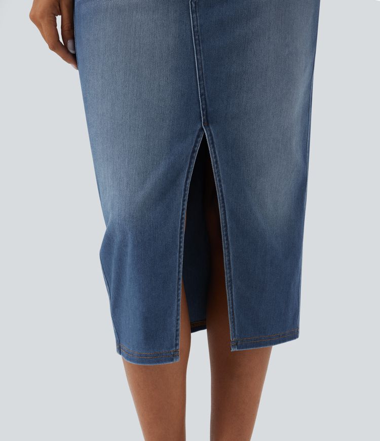 Falda vaquera casual Halara Flex™ ajustada y asimétrica de tiro medio con abertura y bolsillos