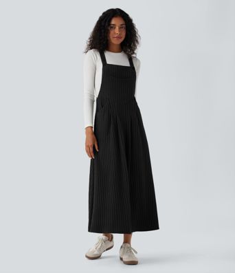 Ribbed Knit Casual Pinafore Dress with Pockets