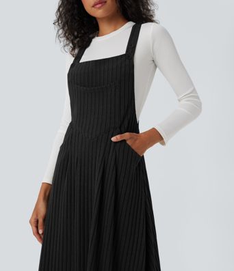 Ribbed Knit Casual Pinafore Dress with Pockets
