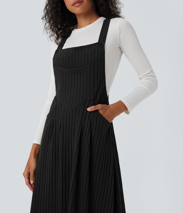 Ribbed Knit Casual Pinafore Dress with Pockets
