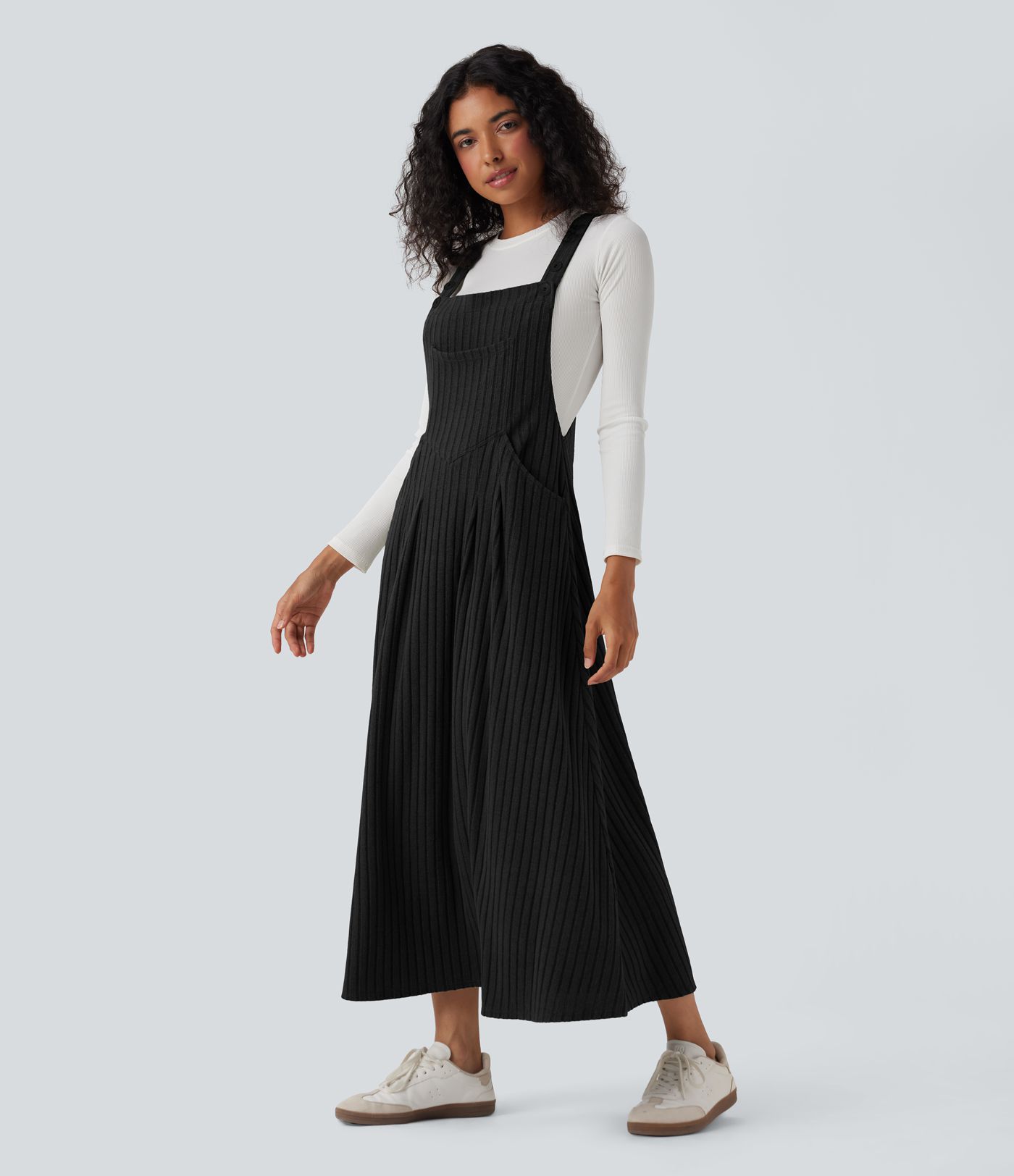 Ribbed Knit Casual Pinafore Dress with Pockets