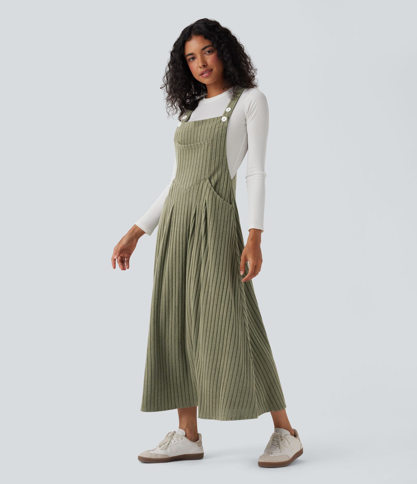 Ribbed Knit Casual Pinafore Fleece Dress with Pockets