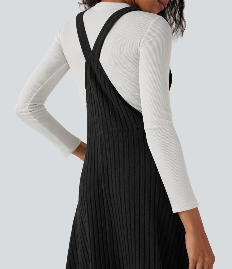 Ribbed Knit Casual Pinafore Dress with Pockets