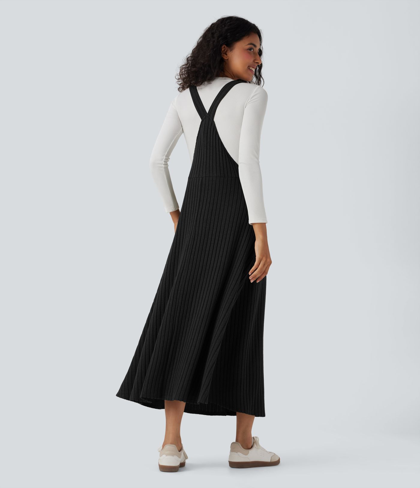 Ribbed Knit Casual Pinafore Dress with Pockets