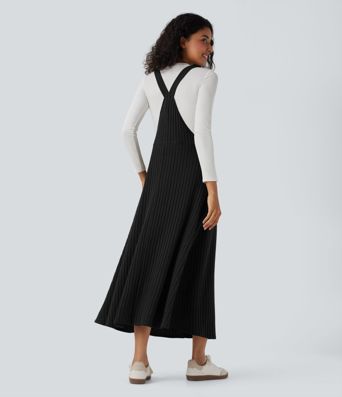 Ribbed Knit Casual Pinafore Dress with Pockets