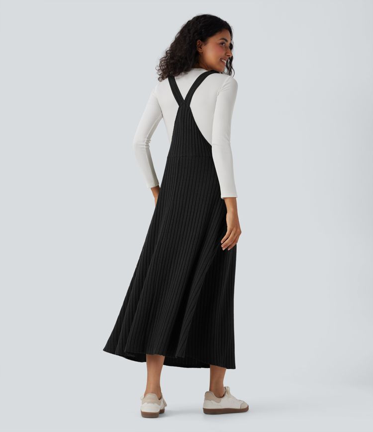 Ribbed Knit Casual Pinafore Dress with Pockets