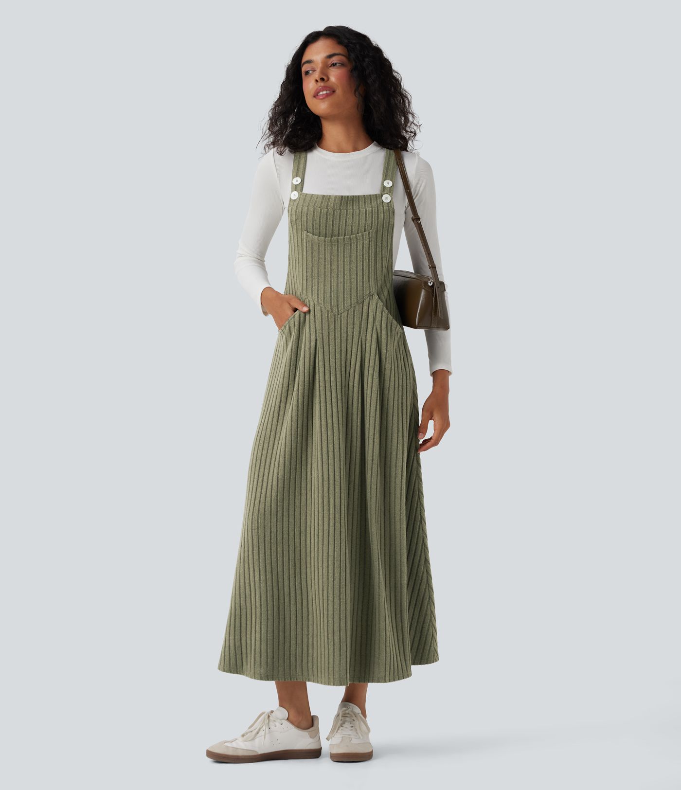Ribbed Knit Casual Pinafore Fleece Dress with Pockets