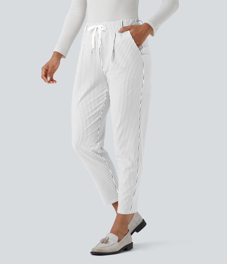Mid Rise Drawstring Tapered Stripe Work Pants with Pockets