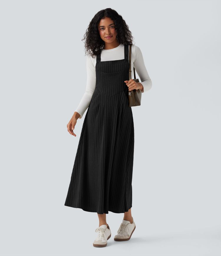 Ribbed Knit Casual Pinafore Dress with Pockets