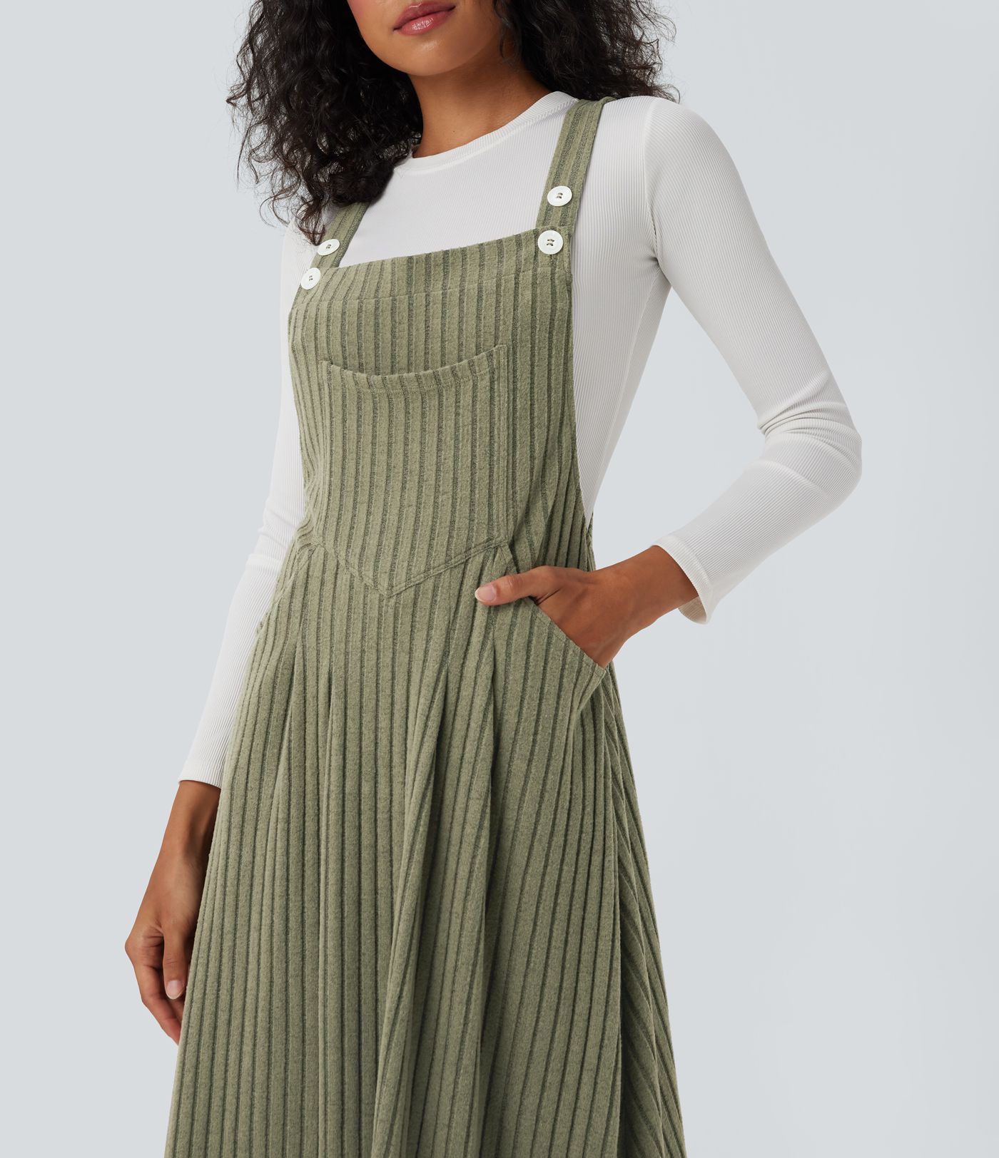 Ribbed Knit Casual Pinafore Fleece Dress with Pockets