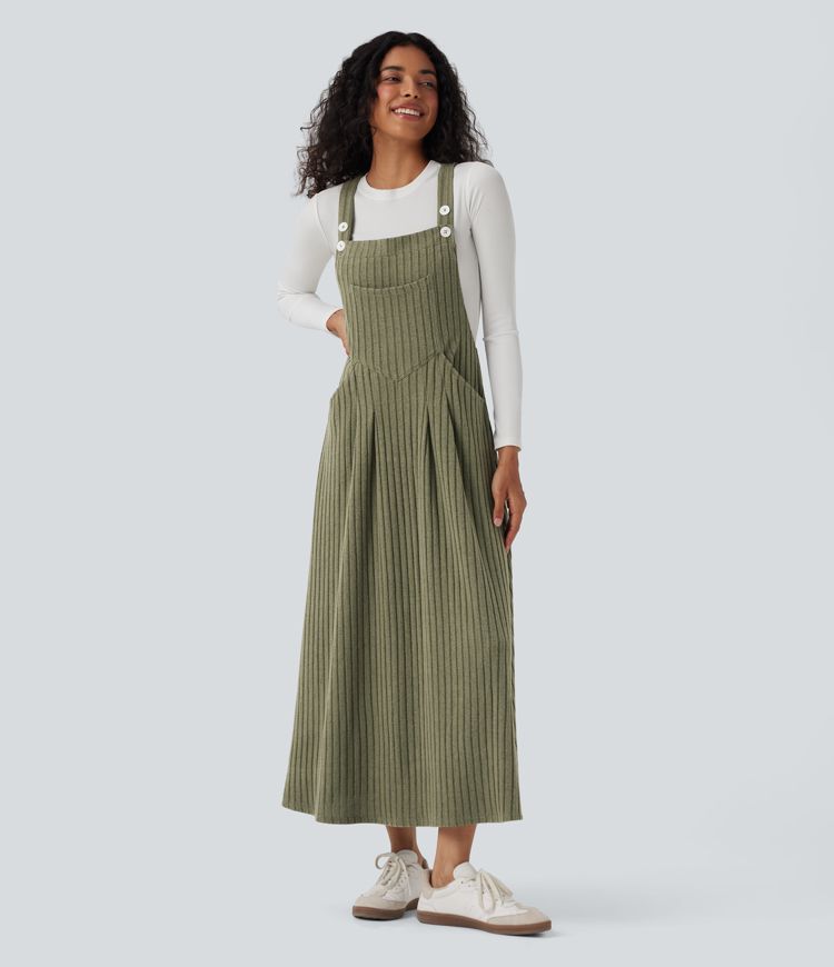 Ribbed Knit Casual Pinafore Dress with Pockets